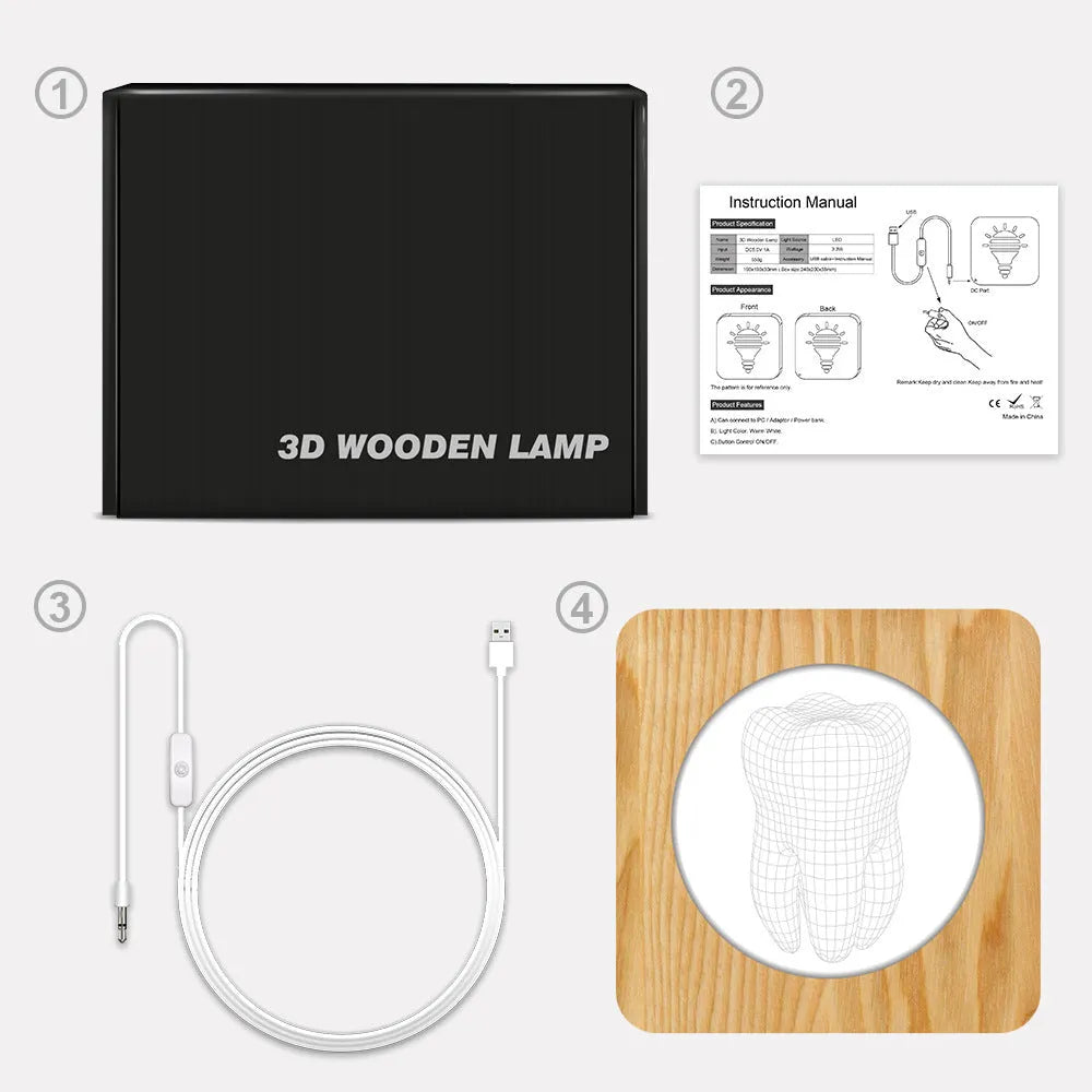 Tooth shaped wooden colour acrylic night lamp with USB cable on a table