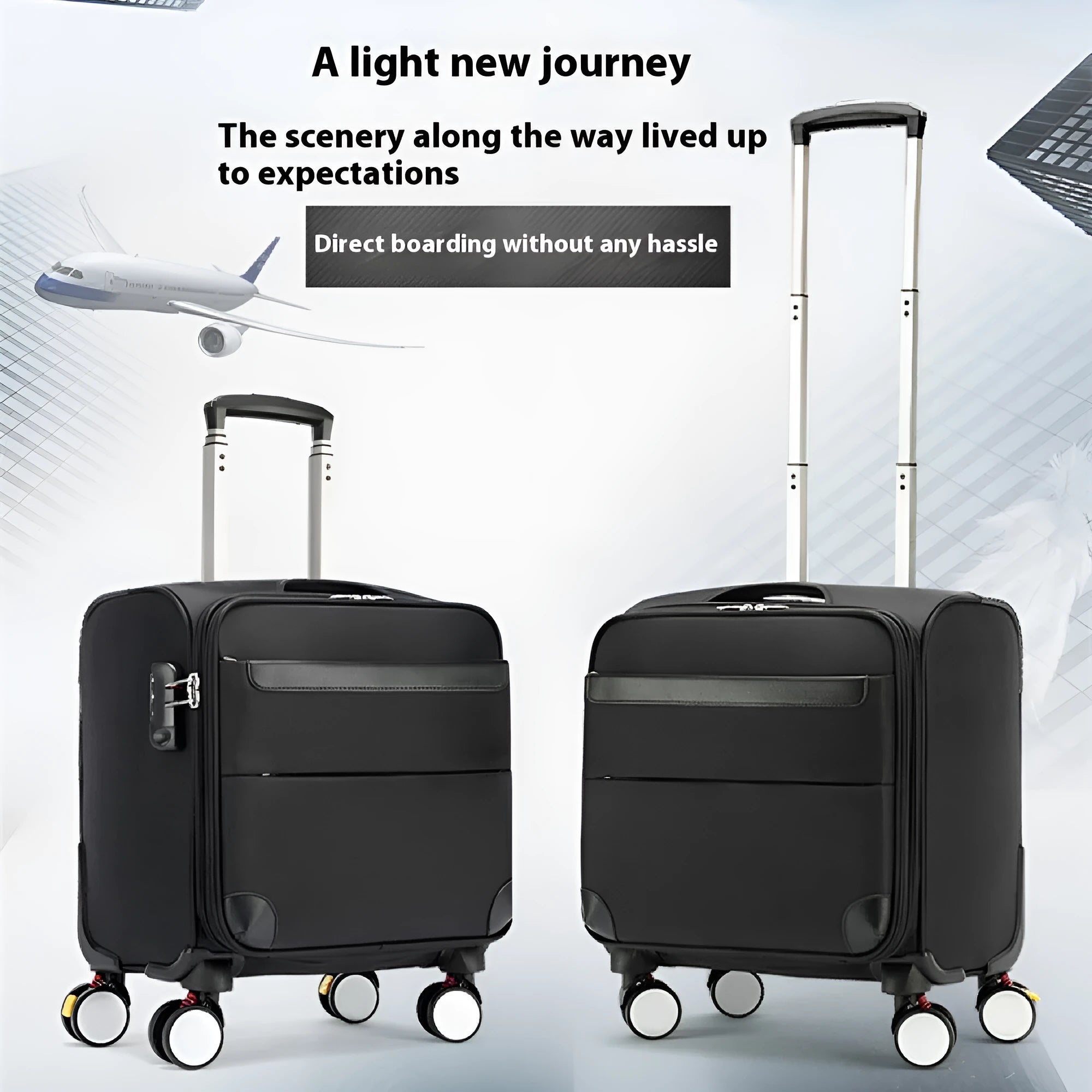 Black 18-inch Oxford cloth business suitcase with pull handle and universal wheels.
