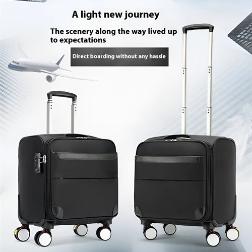 Black 18-inch Oxford cloth business suitcase with pull handle and universal wheels.
