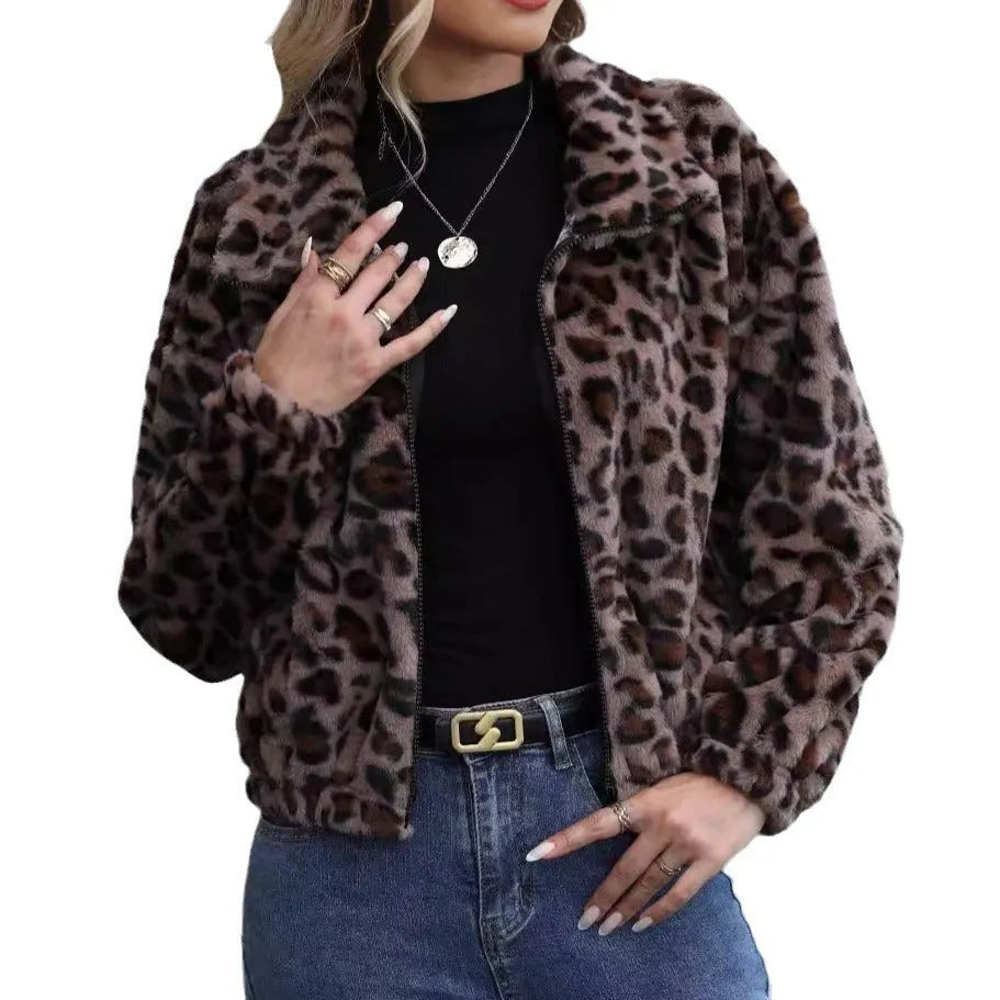 Women's loose leopard print plush coat with zipper and raglan sleeves on a hanger