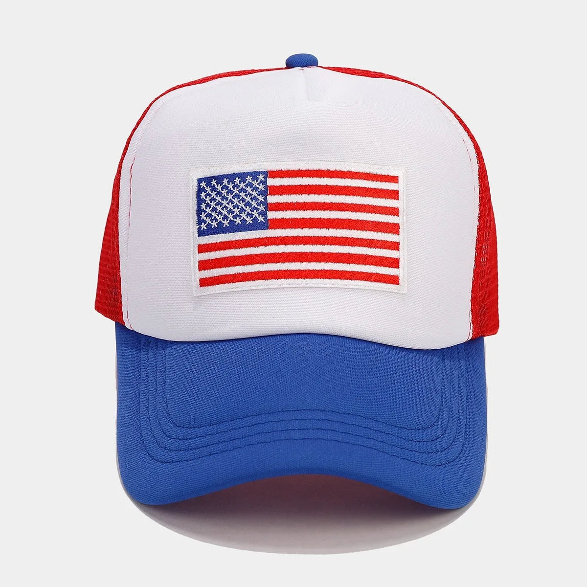 Red and blue mesh baseball cap with adjustable sizing strap