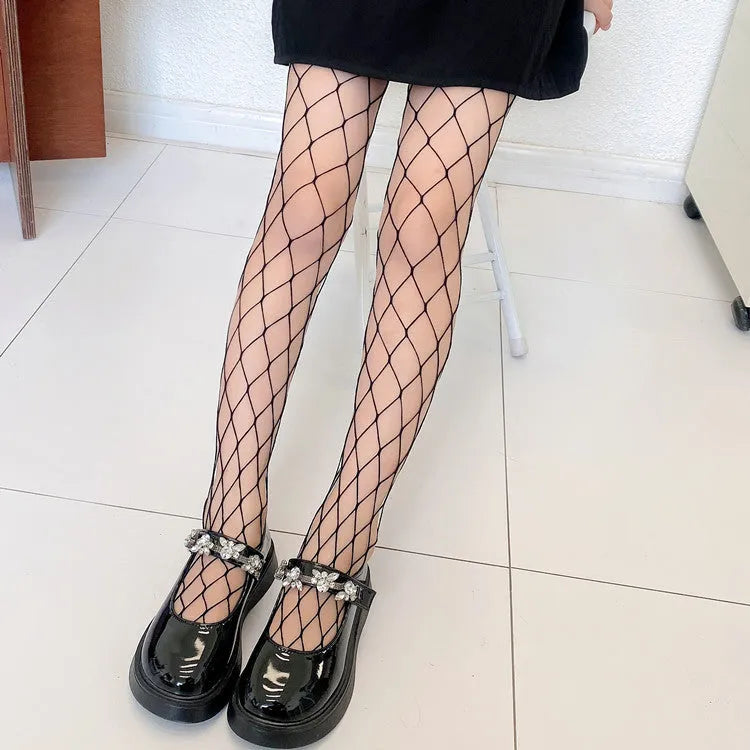 Women's summer mesh stockings in black and white, showing large, medium, and small net patterns.
