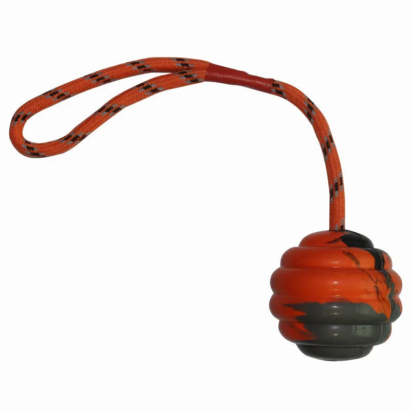 Multi-colour rubber dog toy ball with rope knot design measuring 6cm by 30cm
