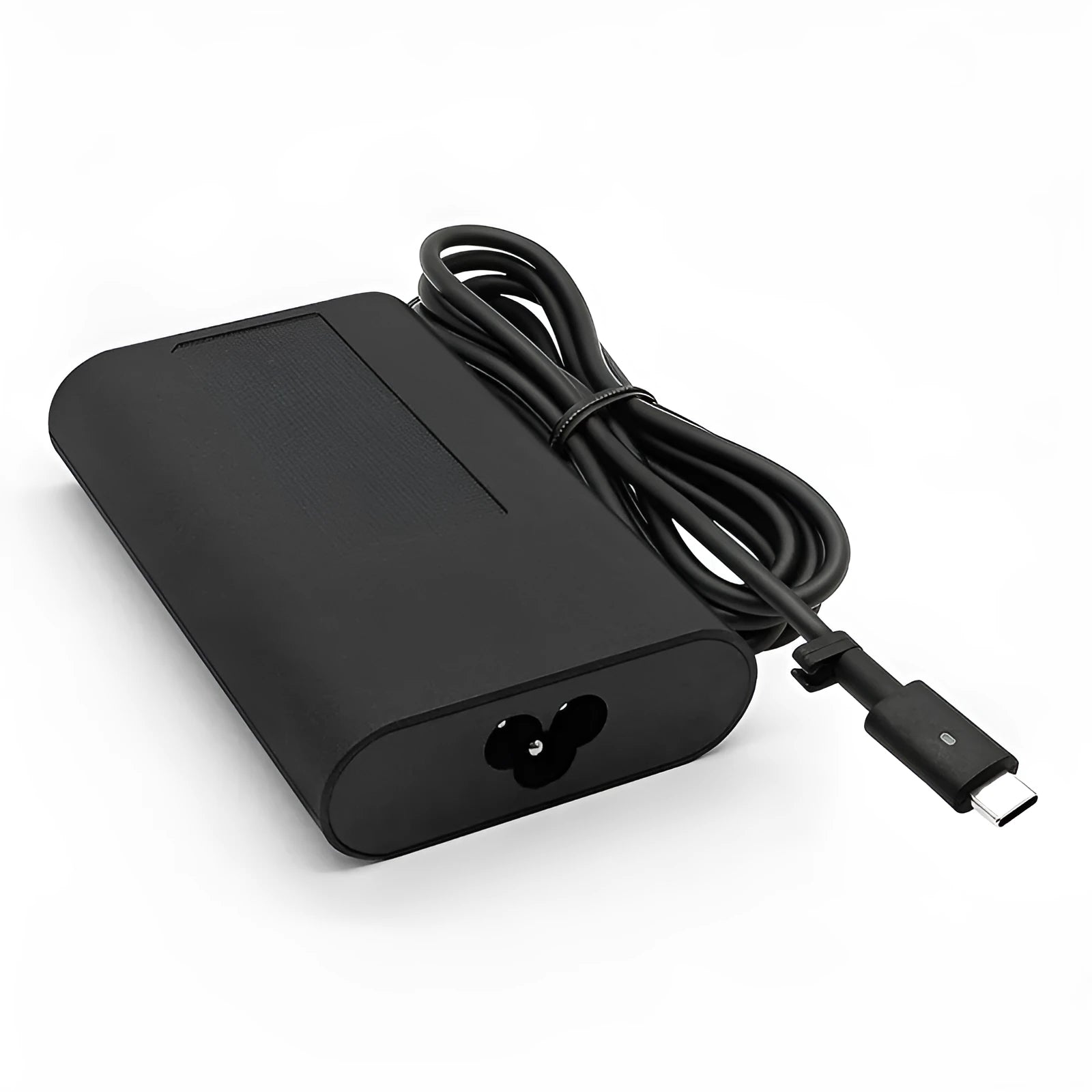 Black 65W USB-C laptop power adapter with six international travel plug cords.