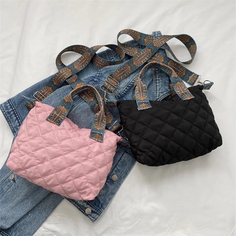 Oxford cloth shoulder messenger bag in horizontal square shape with sandwich pocket and single strap