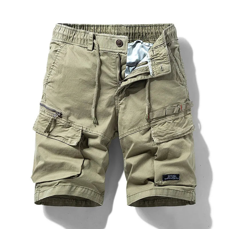 Men's cotton shorts with zipper and multiple pockets in army green, Korean fifth pants style