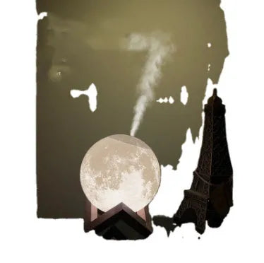 Wood finish lunar humidifier night light showing spherical design with mist output and LED illumination