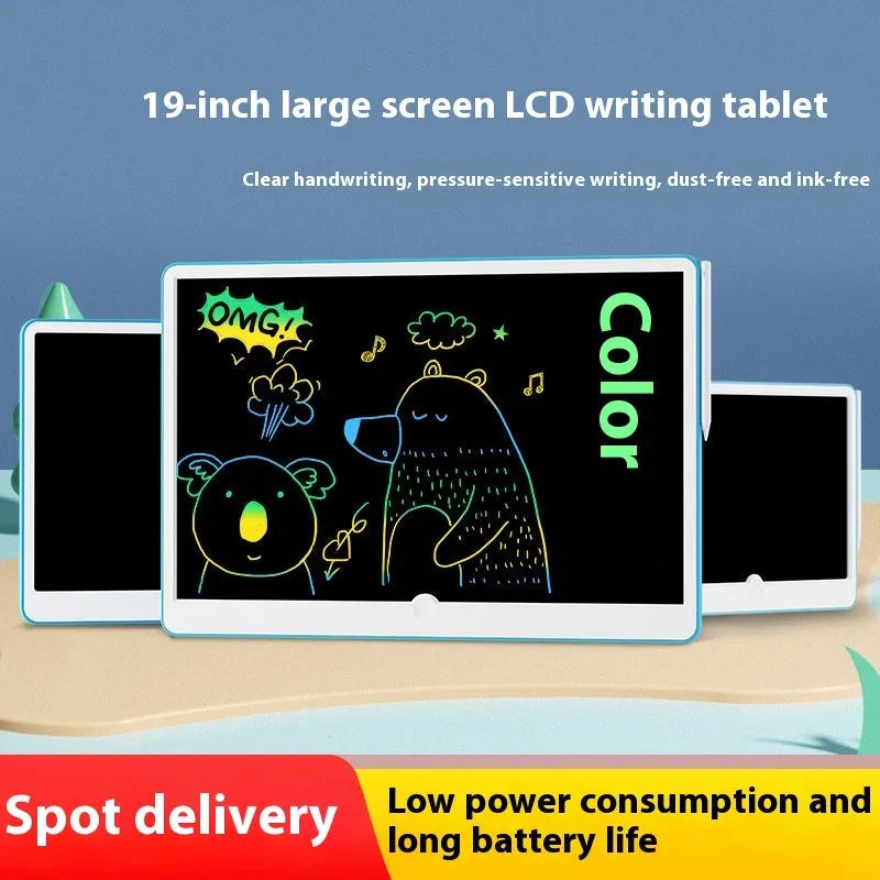 19-inch blue and white LCD children's drawing board with stylus on a pink background.