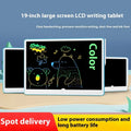 19-inch blue and white LCD children's drawing board with stylus on a pink background.