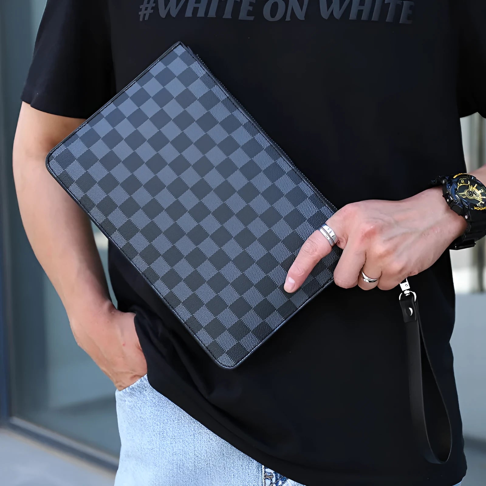 Soft black PU leather men's clutch wallet open to show six card slots, bill compartment, and zipper pocket.