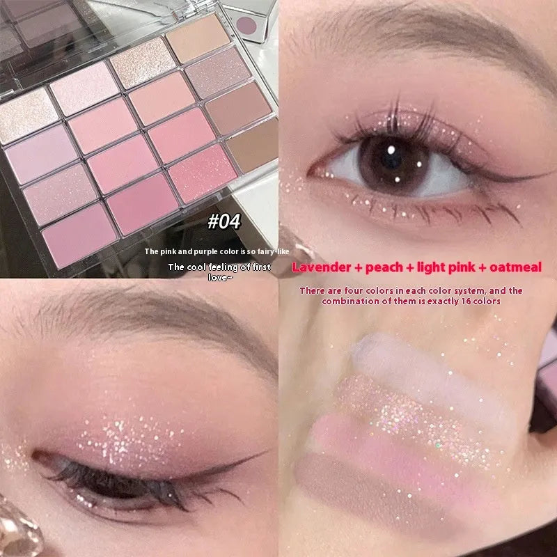 16 colours eye shadow plate with shimmer and matte finishes in multiple shades including pink and brown