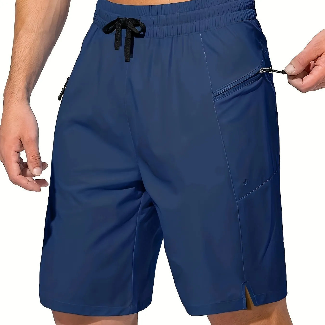 Men's solid colour quick-drying polyester beach shorts in straight cut