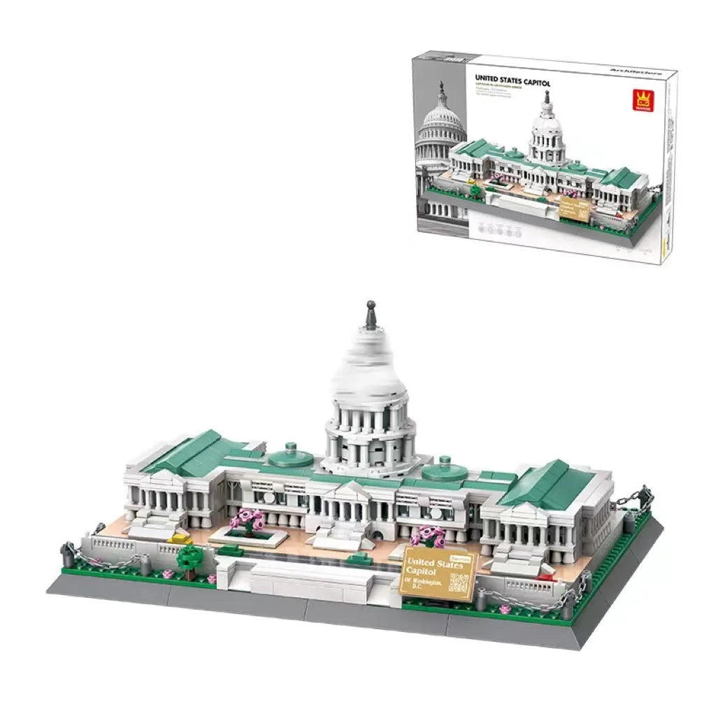Wange building block set showing over 800 small ABS plastic pieces for constructing global landmark models.