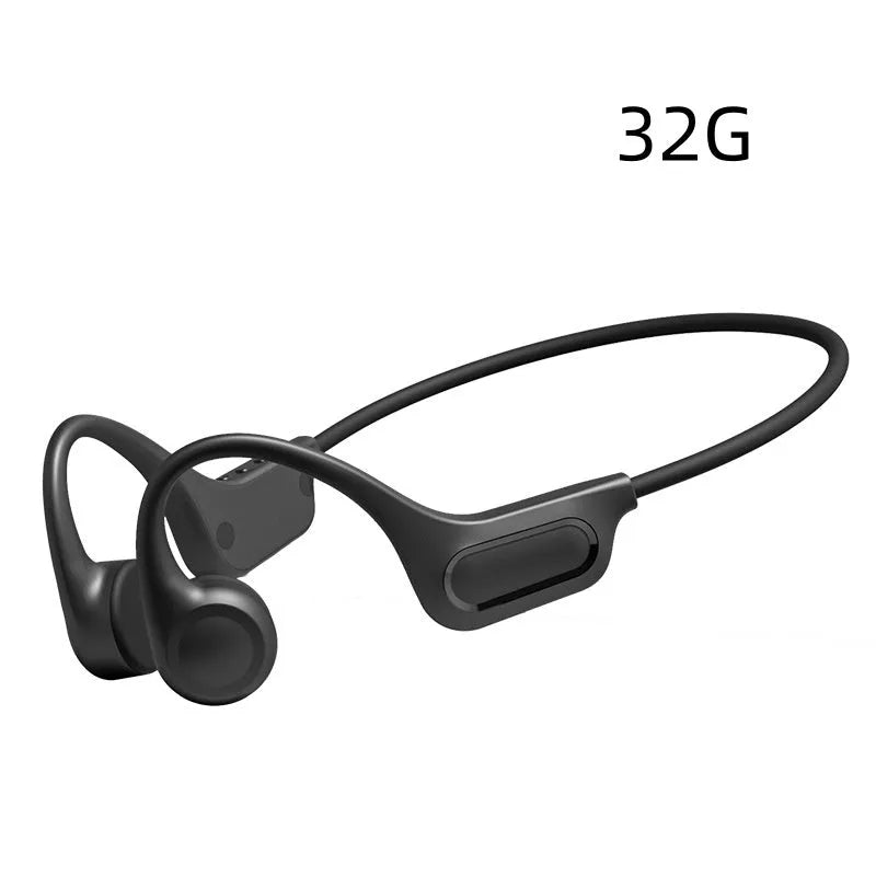 32G memory bone conduction Bluetooth headset in ear hook design, black colour, with controls on the side