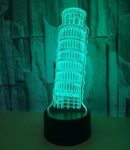 Leaning Tower of Pisa 3D acrylic nightlight glowing in blue on a black ABS base