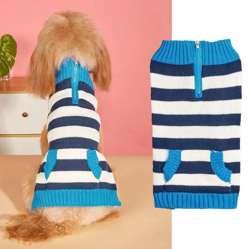 Grey dog sweater with horizontal zipper and button pocket on a small canine