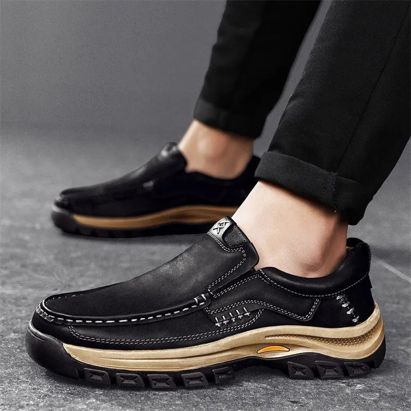 Men's black leather outdoor shoes with thick rubber soles and round toe