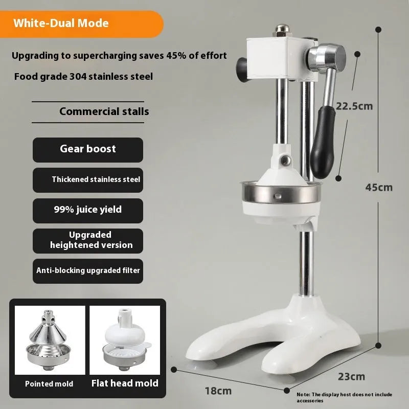Vertical stainless steel manual juicer with zinc alloy base in choice of colours with pointed, flat or double head options