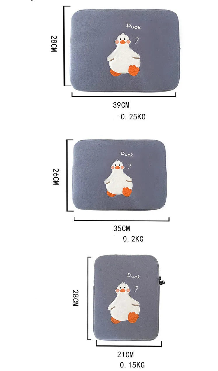 Blue cotton tablet case with embroidered cartoon duck design and zipper closure