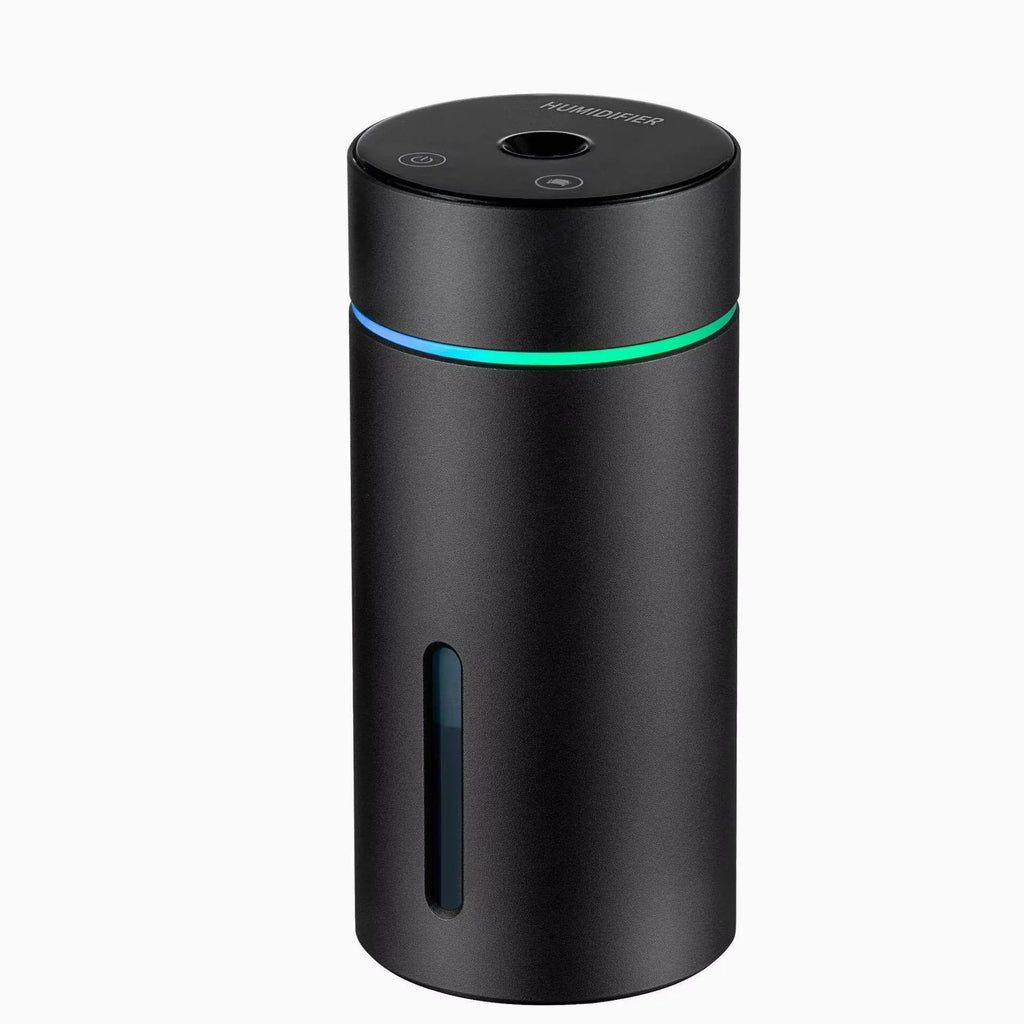 Black aluminium alloy car air humidifier with 260ml capacity and USB cable shown next to scale