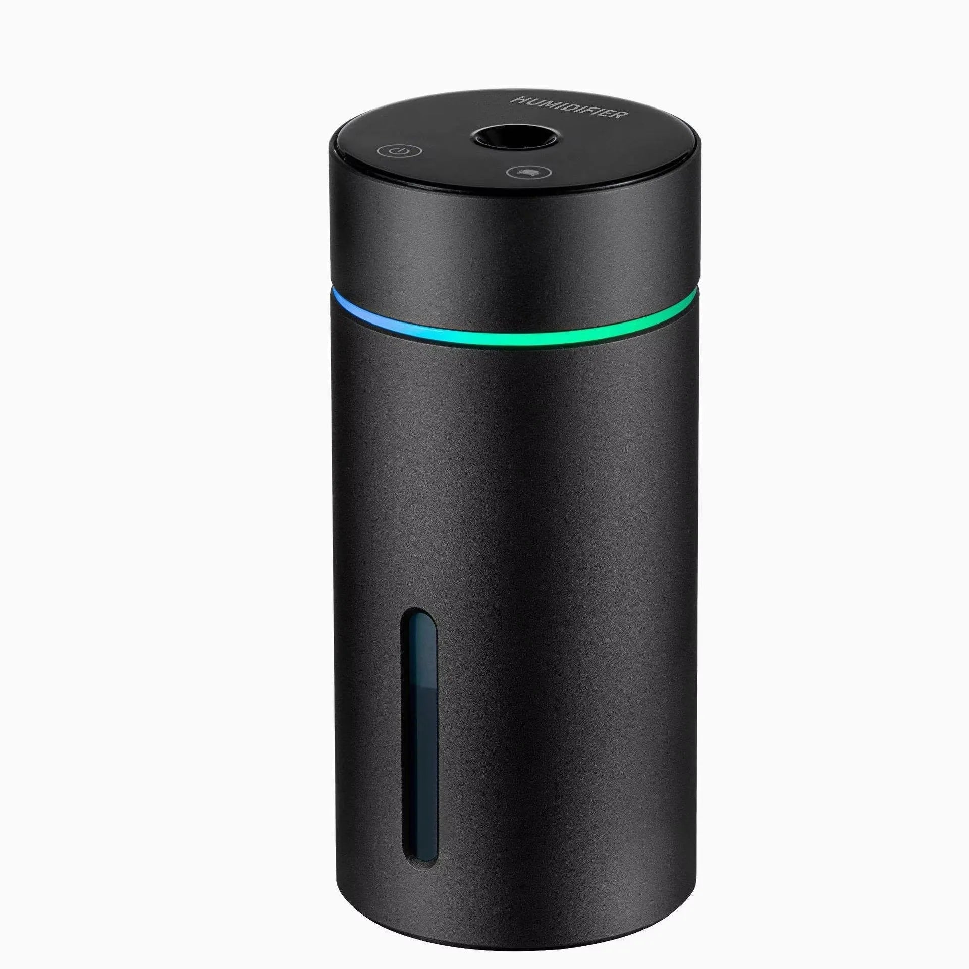 Black aluminium alloy car air humidifier with 260ml capacity and USB cable shown next to scale