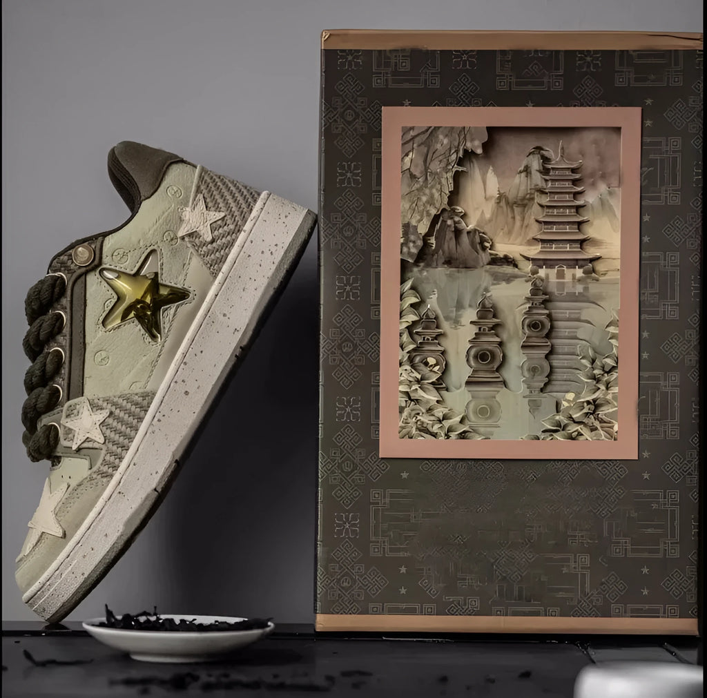 Green low-top casual sneakers with star pattern design on multi-material upper and rubber sole