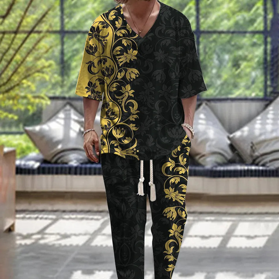 Cropped sleeves V-neck trousers suit in thin polyester two-piece set