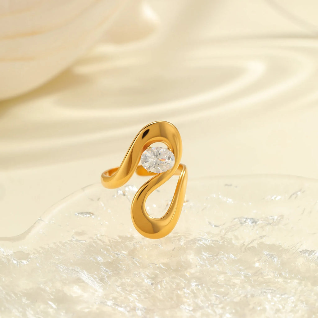 Geometric stainless steel women's ring with adjustable open mouth design and zircon details