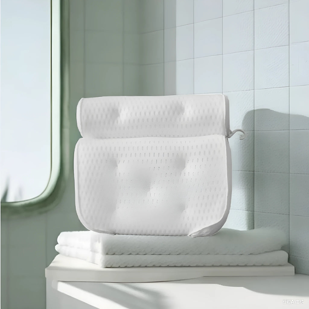 White bathtub pillow with 7 suction cups on a breathable 3d mesh material.