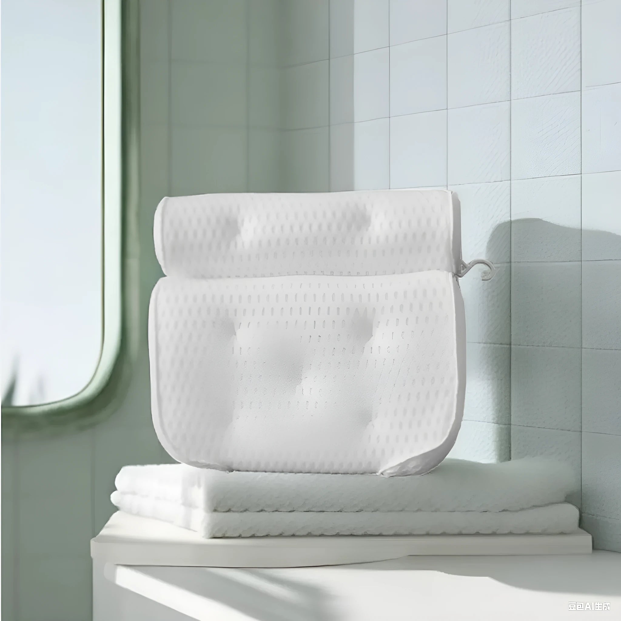 White bathtub pillow with 7 suction cups on a breathable 3d mesh material.