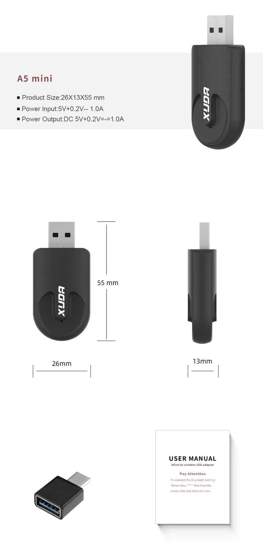 Black mini USB CarPlay wireless adapter interface with compact dimensions