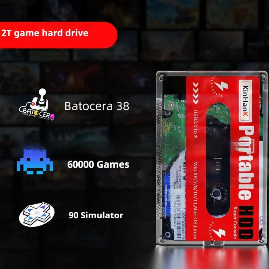 External mechanical hard disk with USB cable, PC shell measuring 12.8cm, showing 2TB capacity for gaming storage