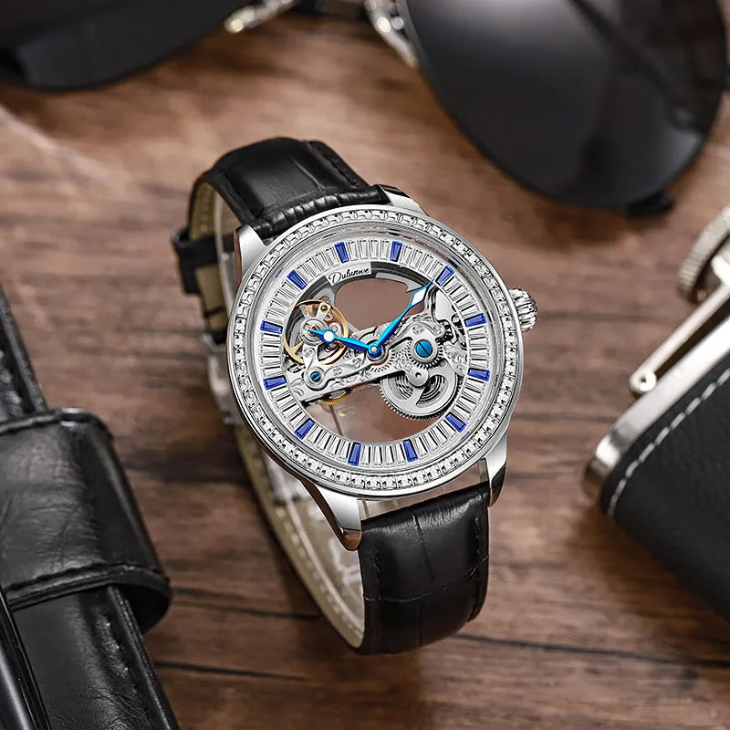 Men's luxury zircon mechanical watch with transparent case back on a black leather strap
