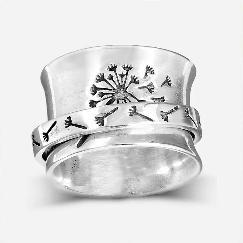 Silver rotatable flower ring with adjustable floral element and electroplated alloy construction