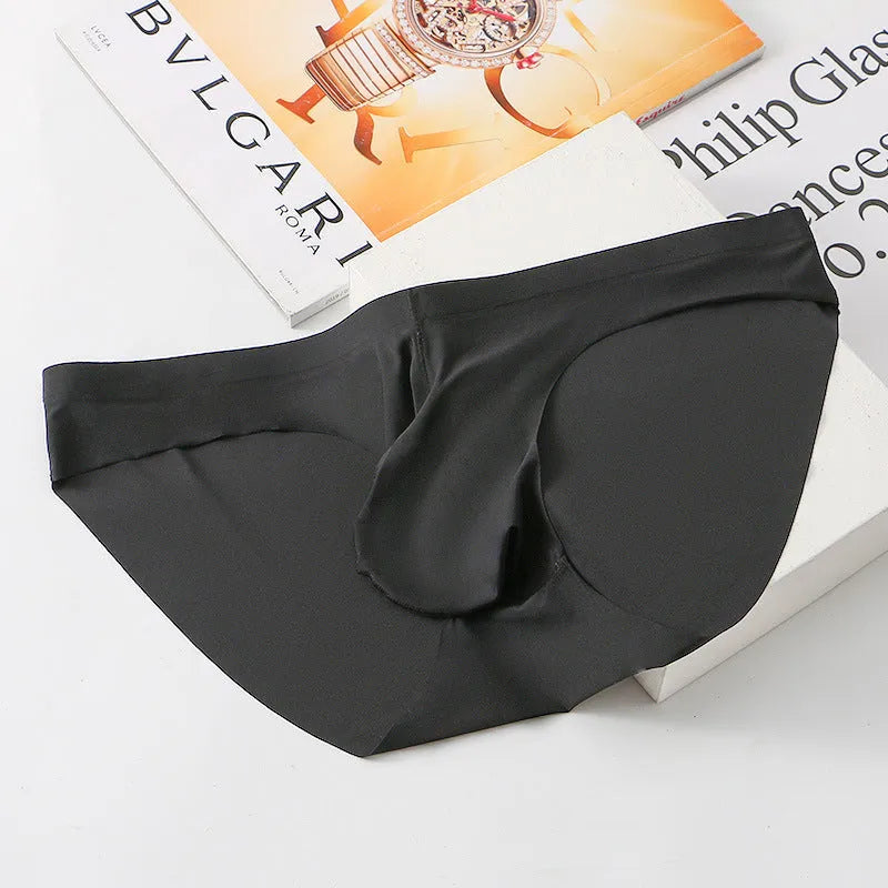 Men's ice silk seamless briefs showing egg sack design in black colour