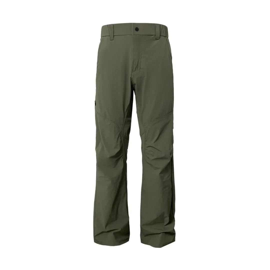 Men's 3D deconstructive straight leg casual trousers in Army Green with elastic waistband.