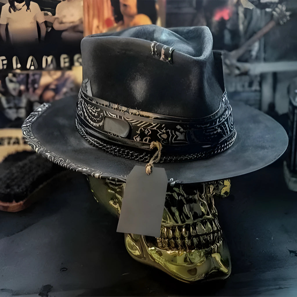 Handmade wool felt denim skull hat with conical crown for Halloween costume events