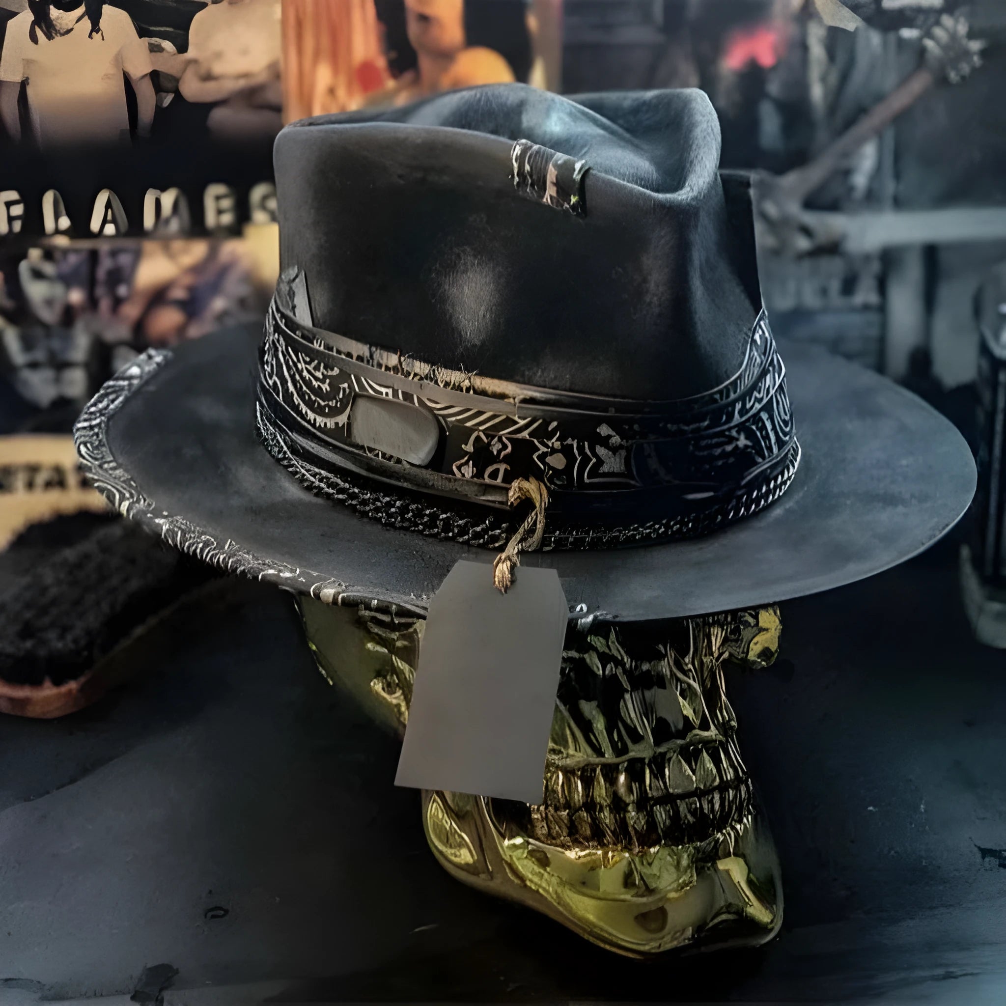 Handmade wool felt denim skull hat with conical crown for Halloween costume events