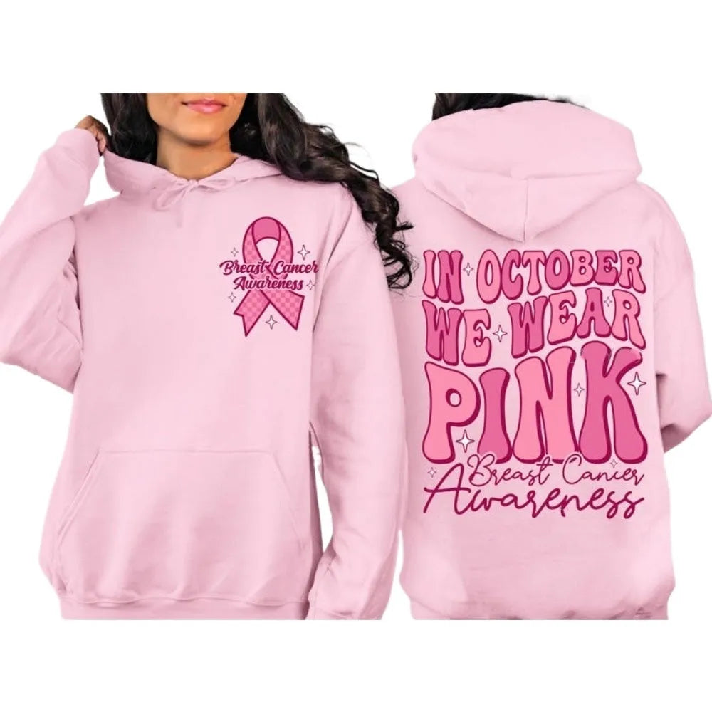 Breast cancer awareness pullover hoodie with retro hot stamping art design and a side seam pocket.