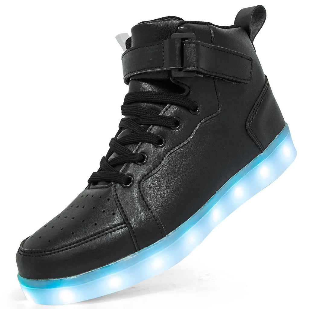 Man and woman wearing black and white high-top LED light-up sneakers with illuminated soles at an event.