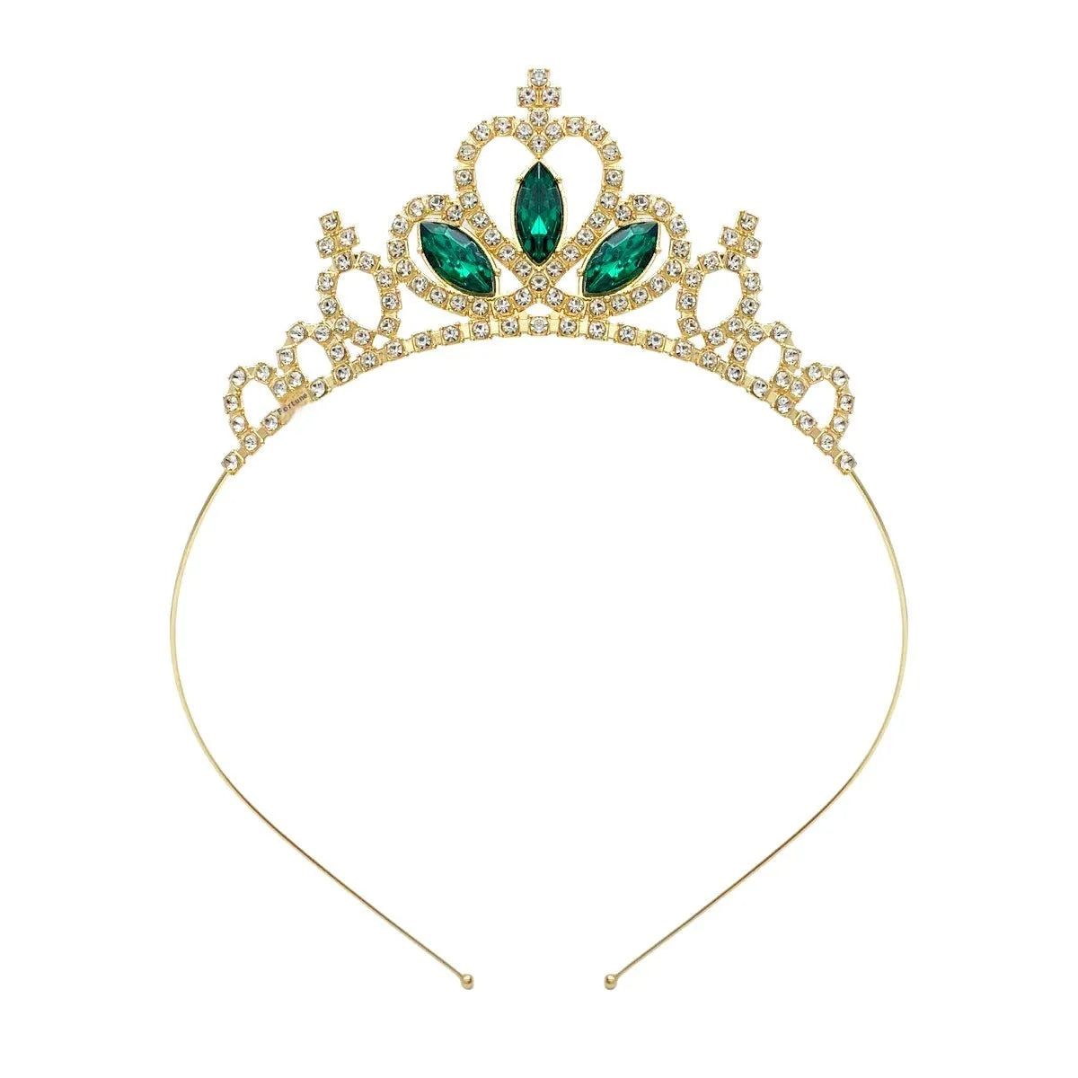Girl's electroplated alloy princess crown headdress in gold and silver colour variations with gemstone-effect finishes.