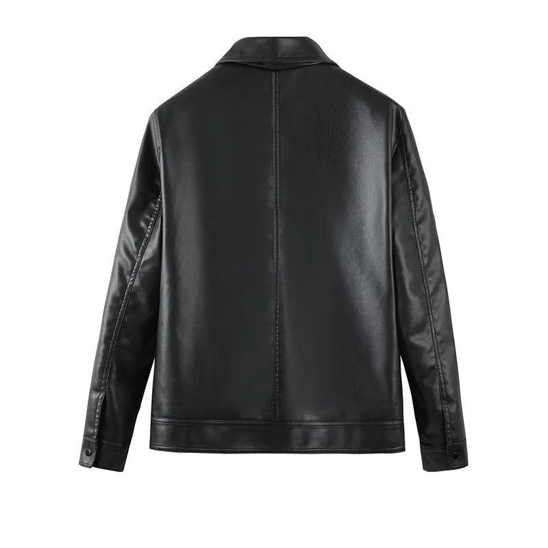 Men's black PU leather casual jacket with regular length and loose fit