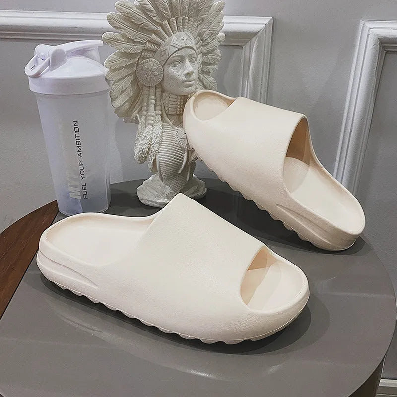 Women's thick sole EVA beach slippers in black, green, or brown colours, youth fashion style.