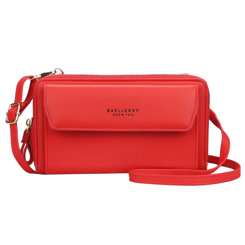 Ladies long wallet messenger bag in PU leather with double zipper, shown in multiple colour options