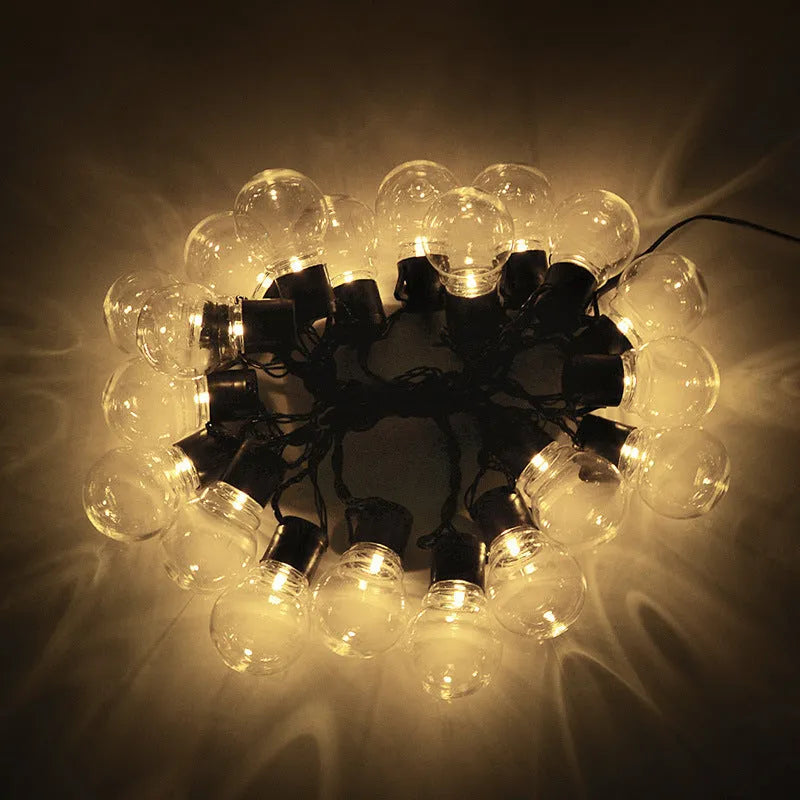 Solar-powered retro decorative string lights for festival tents with black wiring and LED lamps