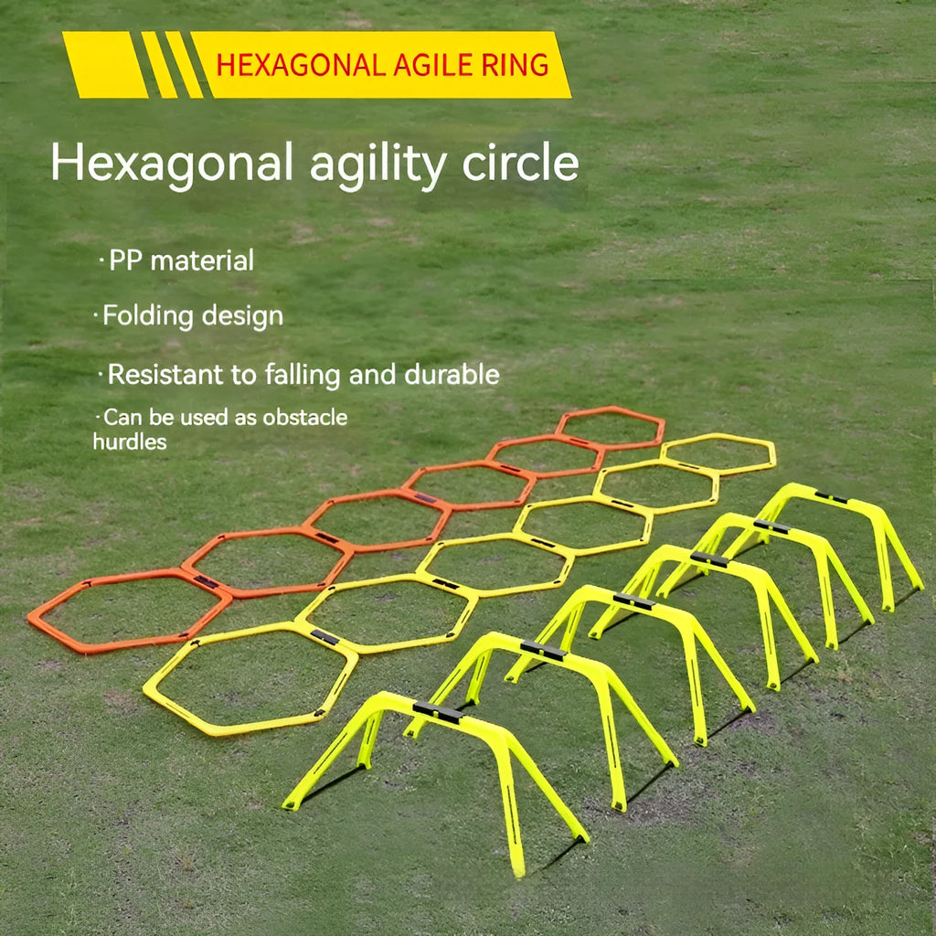 Six foldable hexagon football agility training rings in yellow, green and orange colours