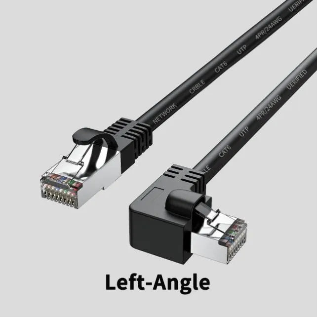 Right-angled Cat6 Ethernet cable with metal connector in various colours including black, red, and yellow.