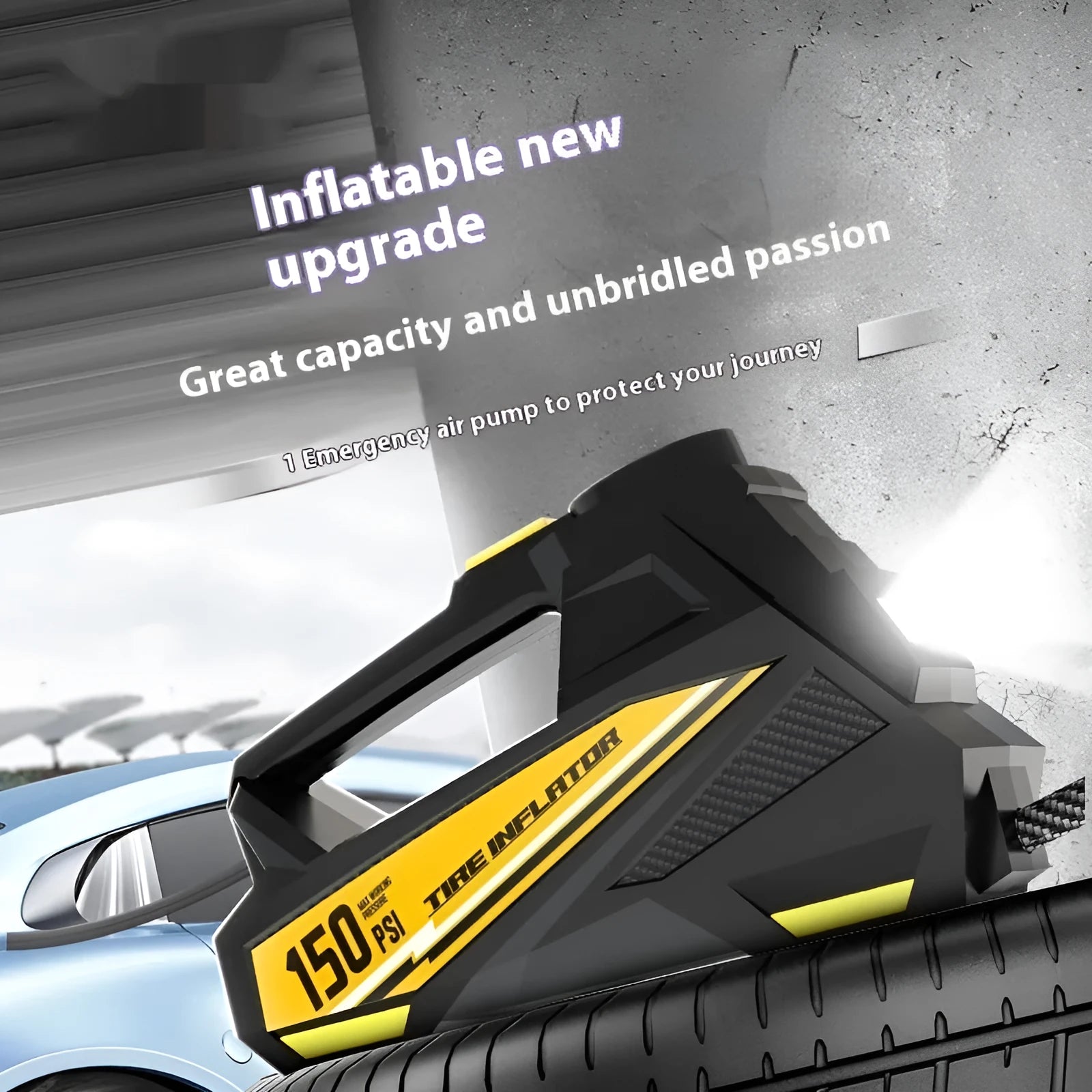 Black portable car tyre inflator with digital display for 12V vehicle operation