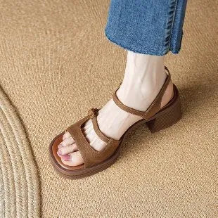 Women's retro platform sandals with open square toe design in brown colour