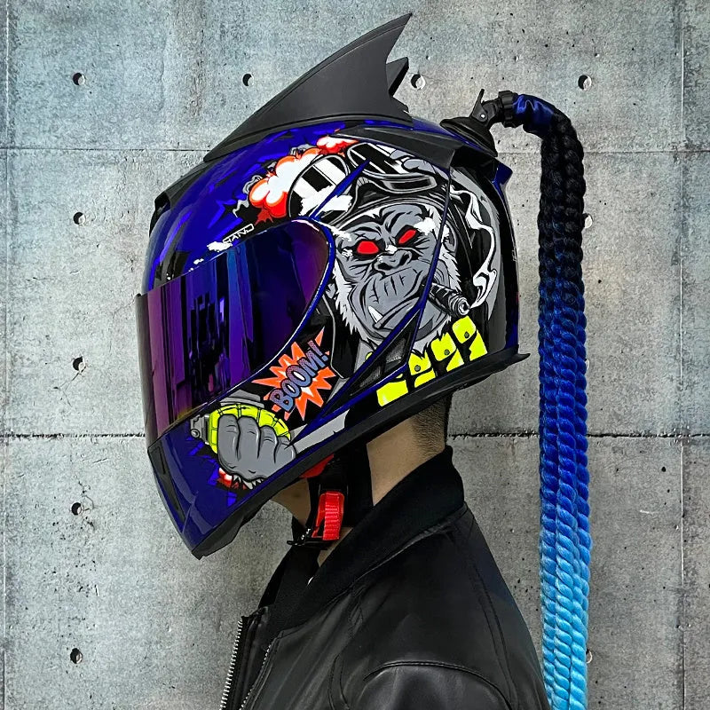 Dirty Braids graphic design full face motorcycle helmet on a white background.
